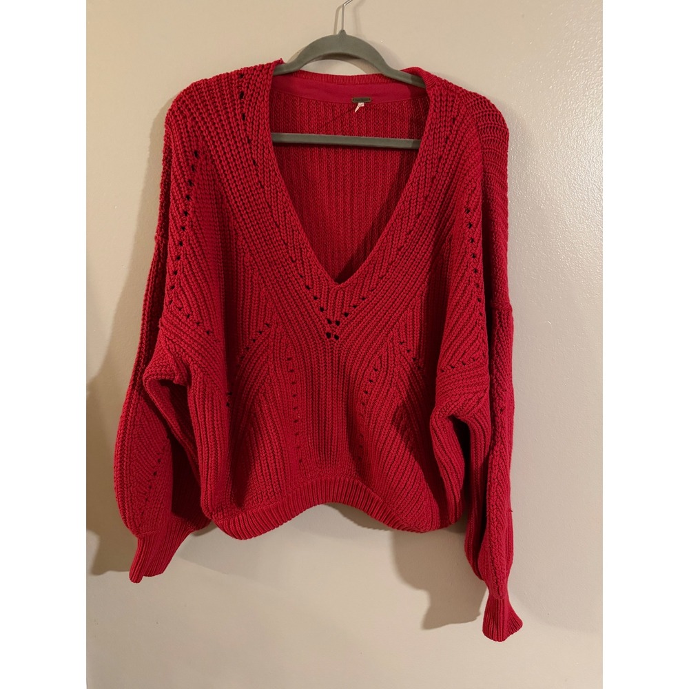 Free People My Only Sunshine V-Neck Oversized Balloon Sleeve Red Sweater Medium
